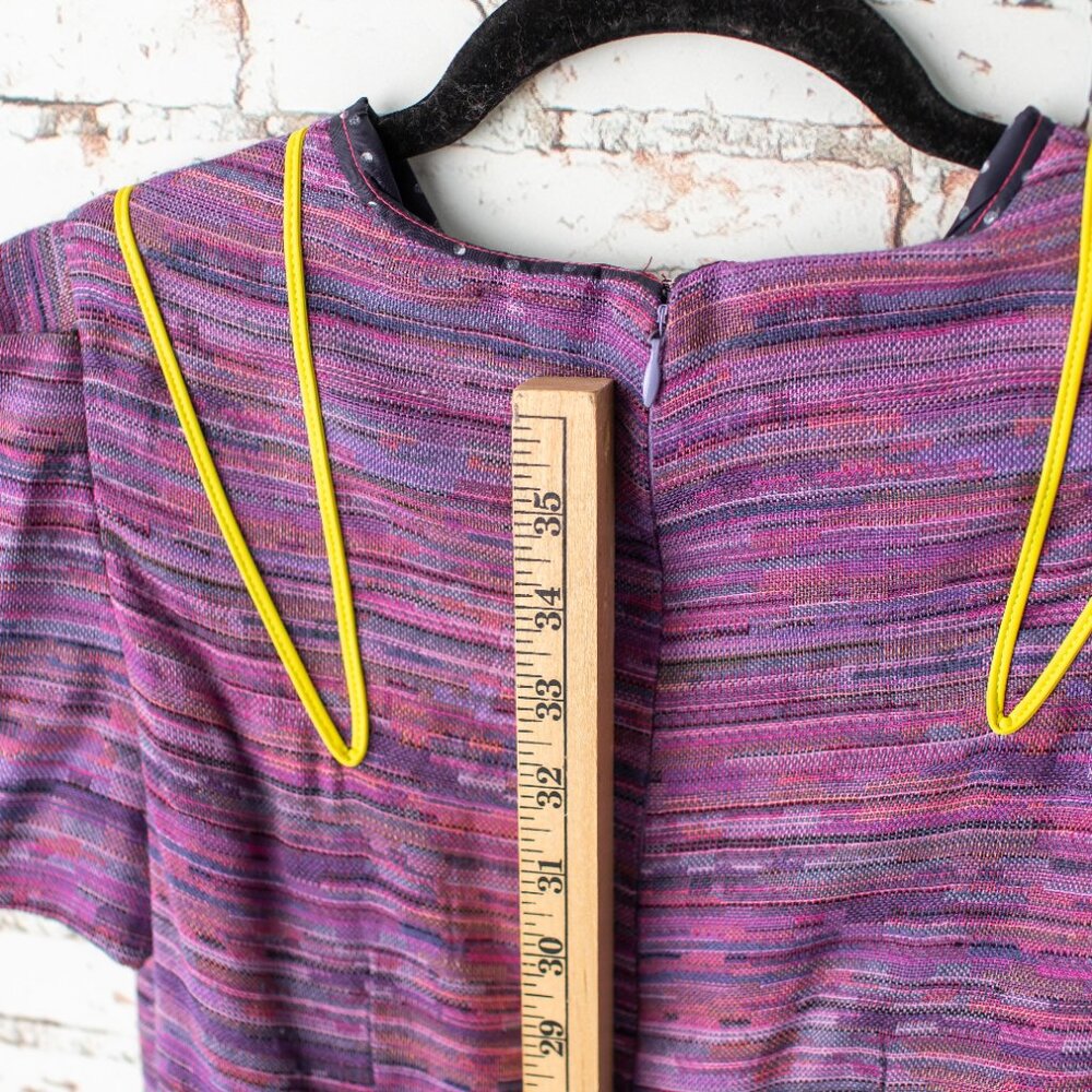 Handmade Women's Small Purple Fit Flare Dress Yellow Piping Short Sleeve Pockets - Picture 7 of 8